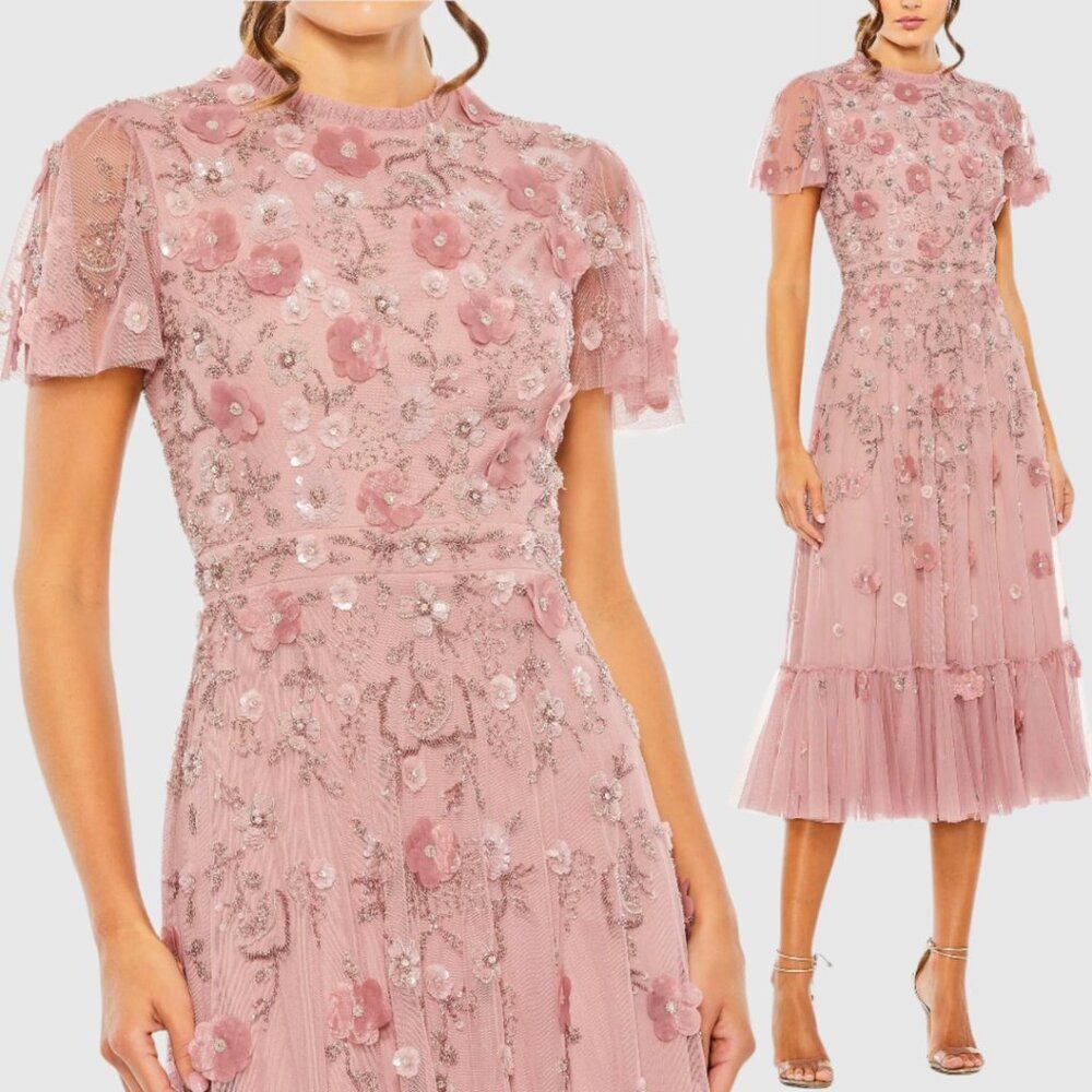 Mac Duggal 9212‎ Size 6 Pink Floral Embellished High Neck Cap Sleeve ALine Dress